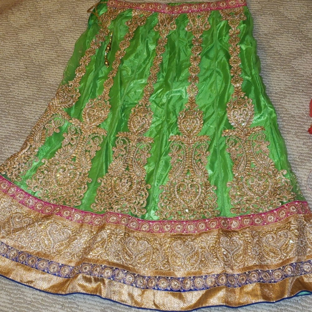 Lime Green and Coral Lehenga choli